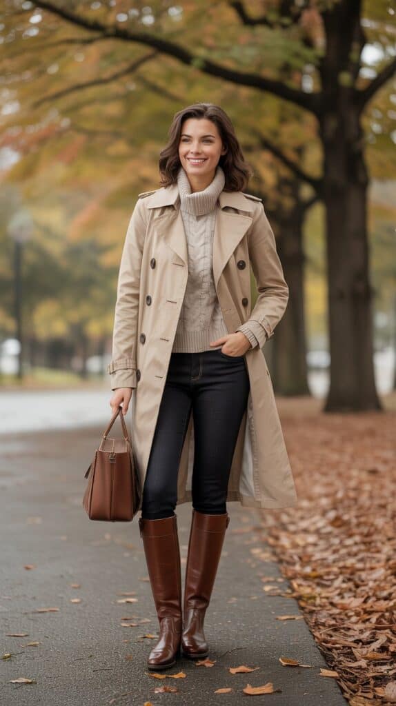 Classic fall outfit with a beige trench coat over a fitted sweater and dark denim, styled with polished brown riding boots—ideal for timeless autumn elegance.
