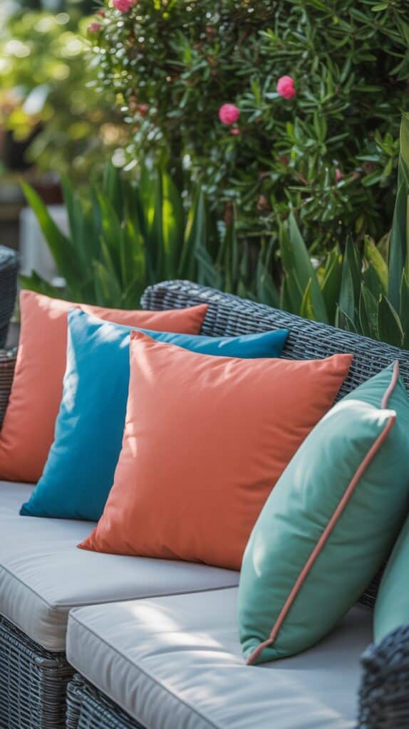 Colorful outdoor pillows arranged on patio furniture creating a cozy atmosphere Colorful outdoor pillows arranged on patio furniture creating a cozy atmosphere