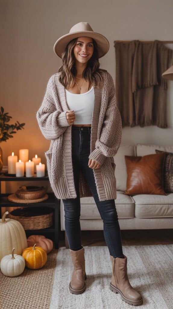 Cozy casual outfit with a chunky knit cardigan, dark skinny jeans, and slouchy suede boots—styled against a warm-toned neutral living space with candles and pumpkins.