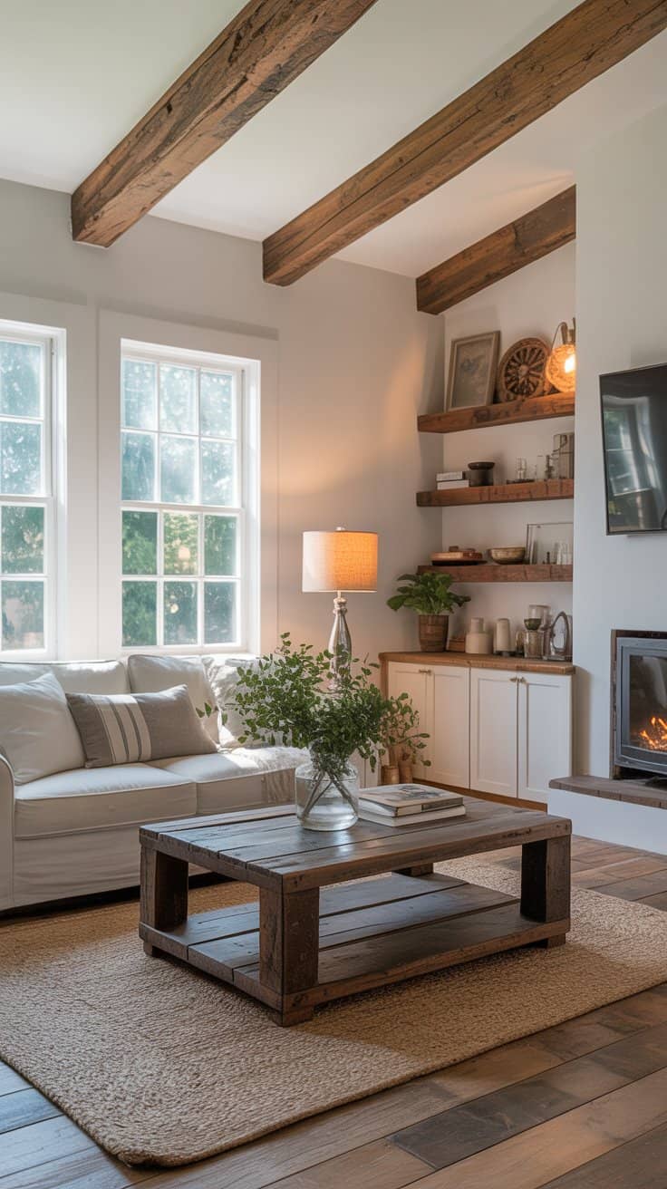 Farmhouse living room featuring reclaimed wood beams, coffee table, and floating shelves