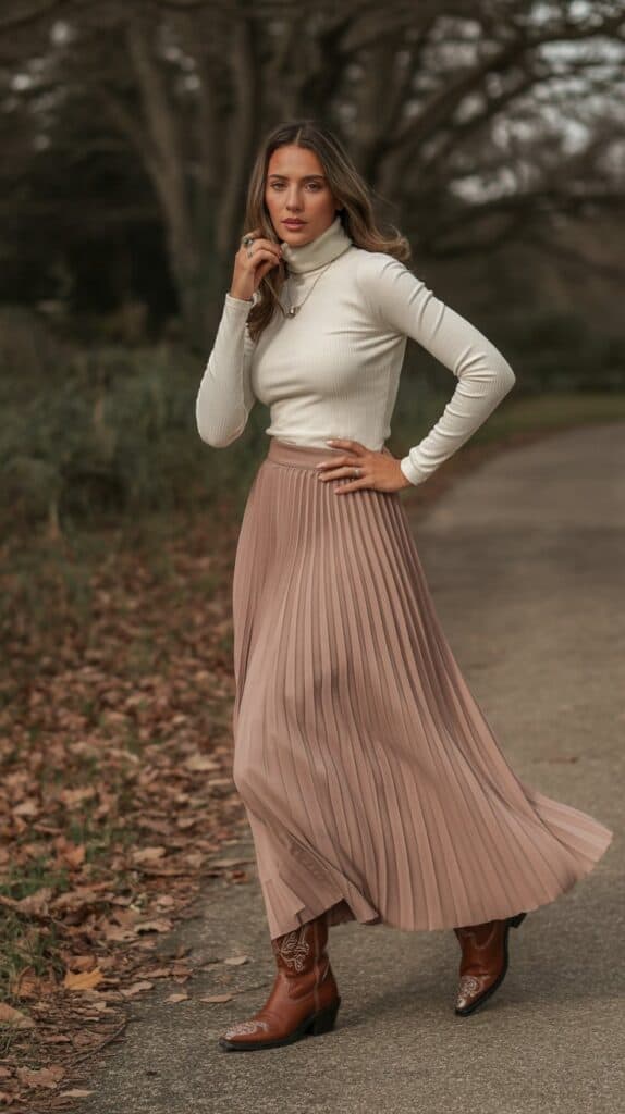 Fashion-forward woman wearing a fitted turtleneck tucked into a flowing pleated maxi skirt, styled with brown Western boots—standing on a rustic leaf-covered path.