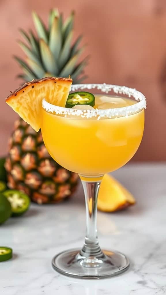 A Spicy Pineapple Margarita in a glass with a salt rim, garnished with a pineapple slice and jalapeño, with a pineapple in the background.