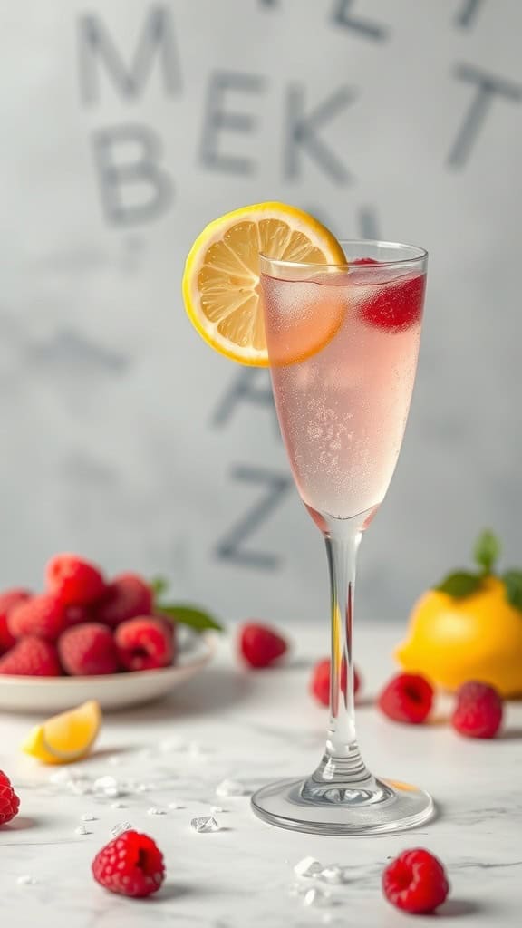 A refreshing Raspberry Lemonade Fizz cocktail garnished with lemon and raspberries.