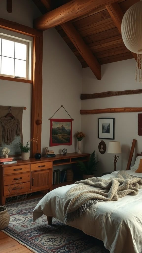 Cozy earthy bedroom featuring wooden accents, warm tones, and soft textiles.