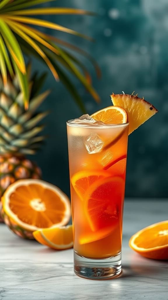 A refreshing Tropical Rum Punch cocktail garnished with orange slices and pineapple, with a tropical background.