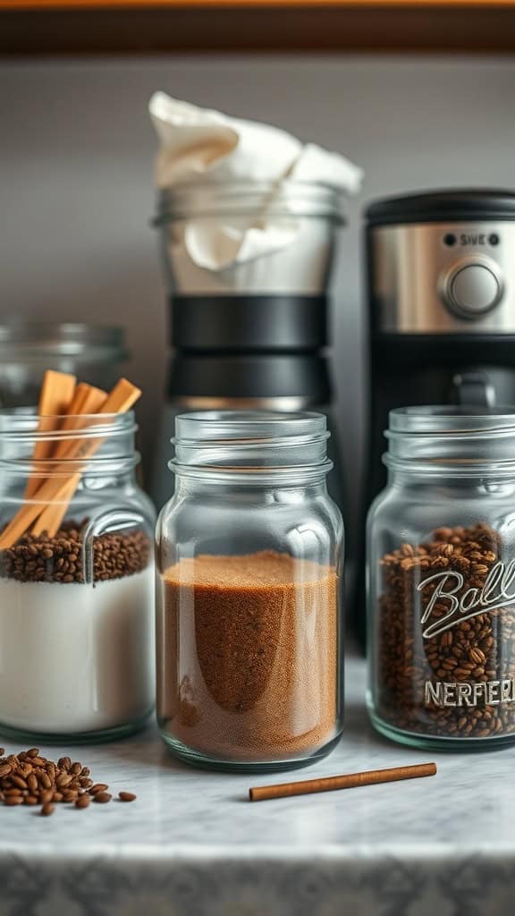 Mason jars filled with coffee supplies including beans, sugar, and cinnamon sticks on a countertop.