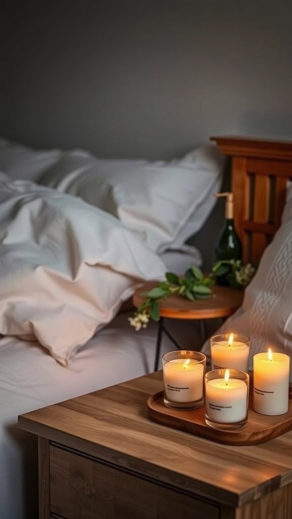 A cozy bedroom scene featuring scented candles on a bedside table next to soft white bedding.