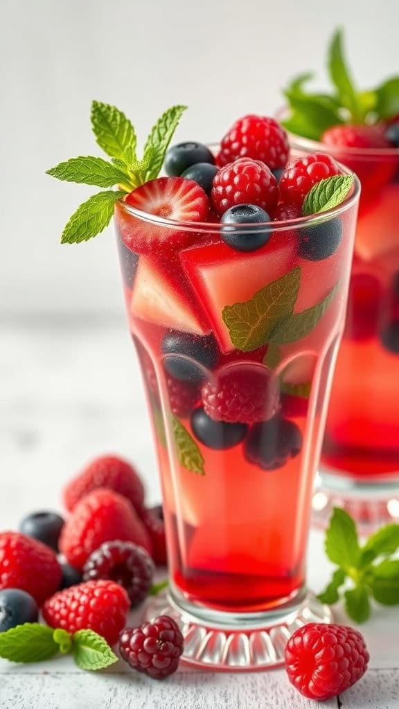 A refreshing Berry Vodka Smash cocktail with fresh berries and mint leaves.