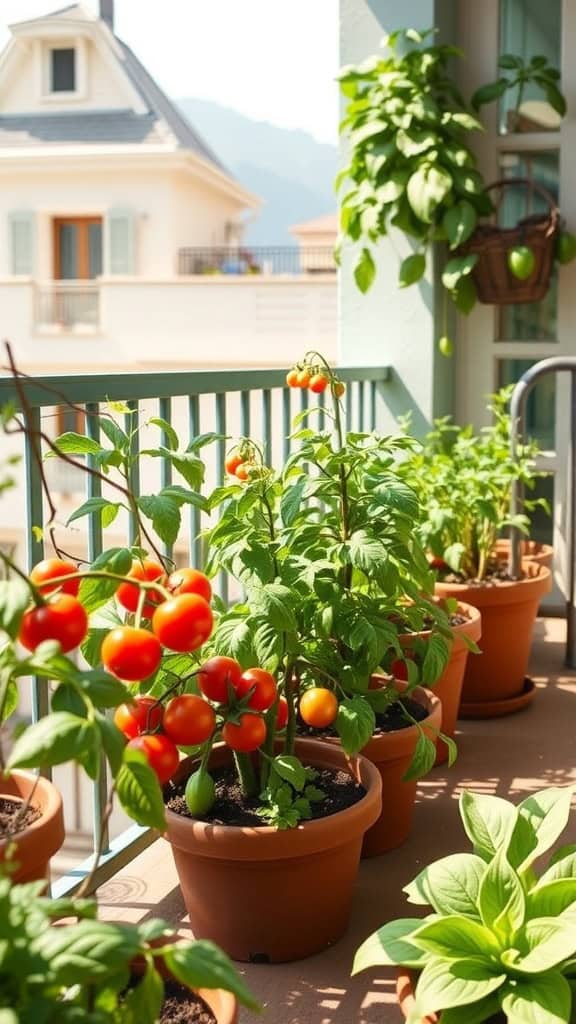 A balcony filled with potted tomato plants, showcasing ripe red tomatoes and lush green leaves.
