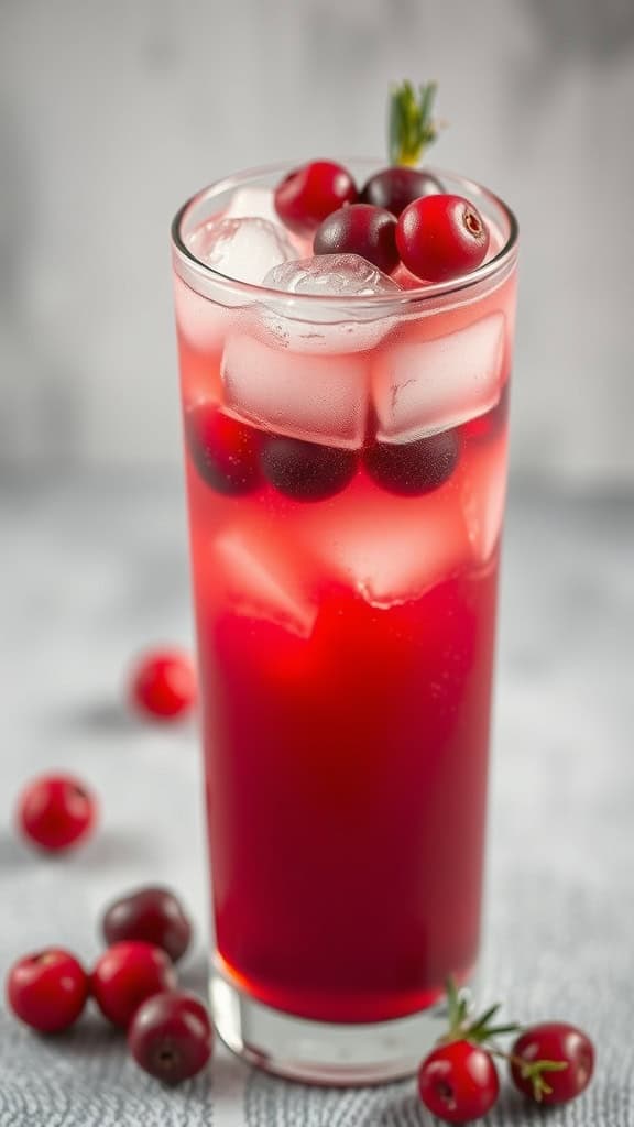 A refreshing Cranberry Vodka Spritzer cocktail in a tall glass with ice and garnished with fresh cranberries.