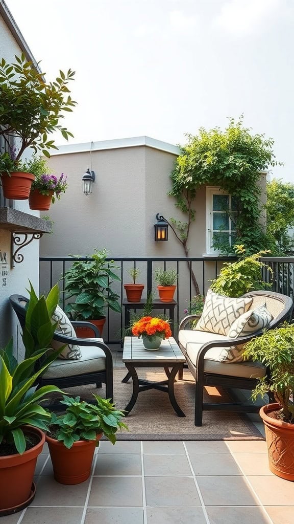 A cozy balcony with comfortable chairs, a small table, and various potted plants.