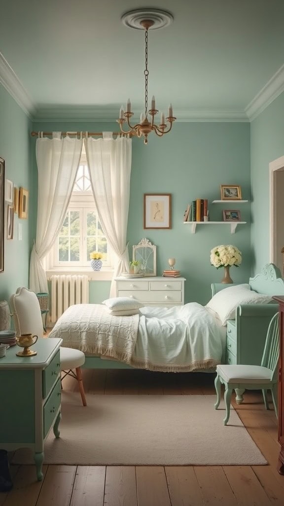 A mint green bedroom with a cozy bed, decorative furniture, and natural light.