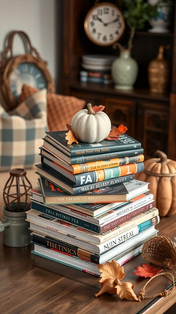 A cozy coffee table decorated with a stack of seasonal books, a small white pumpkin, and autumn leaves.