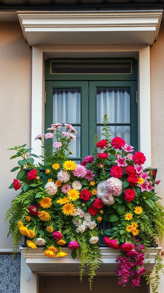 A balcony filled with colorful flowers including red, yellow, and pink blooms, set against a green window frame.