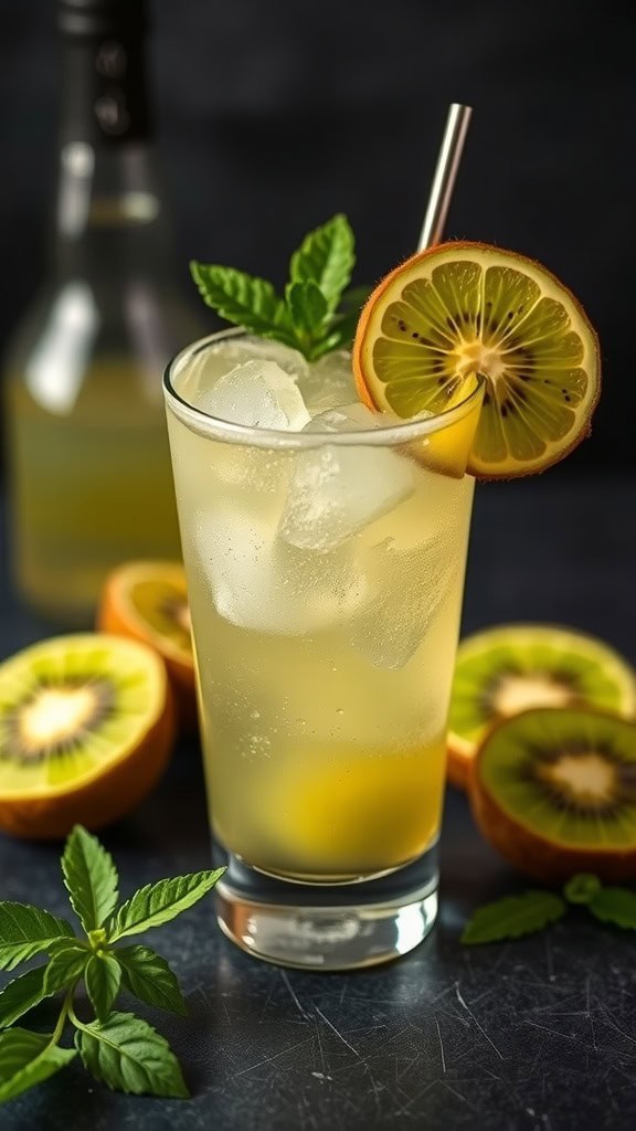 A refreshing Kiwi Caipirinha cocktail with mint leaves and kiwi slices