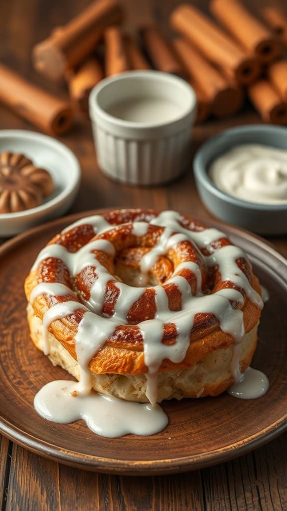 A delicious cinnamon roll with icing on a wooden plate, surrounded by cinnamon sticks and bowls of icing on a cozy bed