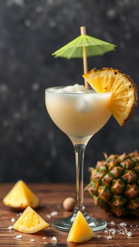 A refreshing Pineapple Coconut Daiquiri in a glass with a slice of pineapple and a small umbrella, surrounded by pineapple chunks.