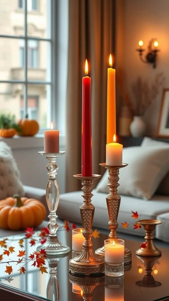 A coffee table decorated with candlestick holders and fall candles, featuring autumn leaves and a pumpkin.