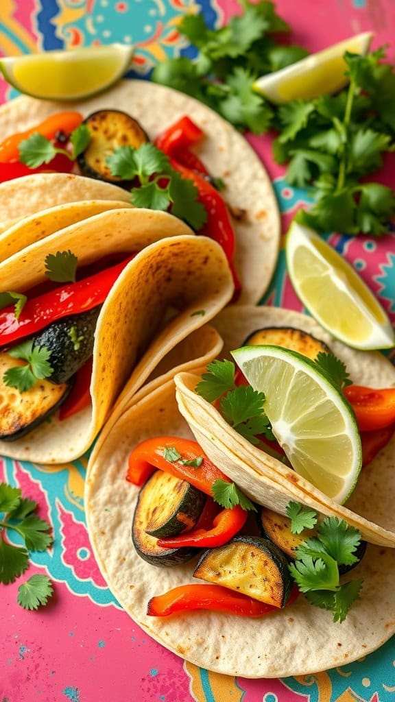 Grilled zucchini and bell pepper tacos with lime and cilantro on a colorful background.