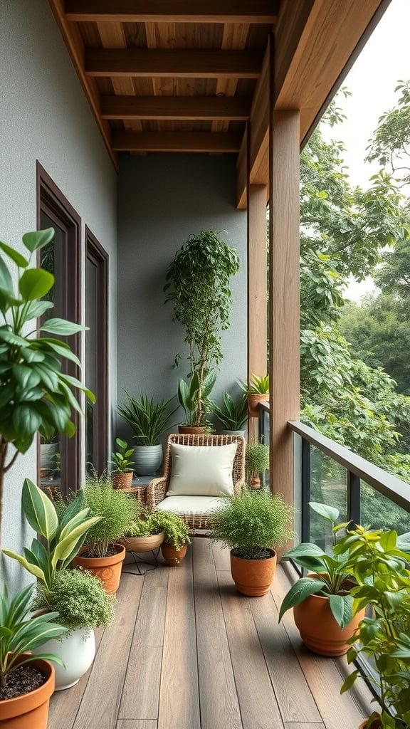 A balcony filled with various potted plants, featuring a cozy chair and wooden flooring, creating a serene green space.