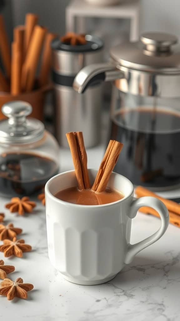 A cozy coffee station featuring cinnamon sticks in a jar, a cup of coffee with cinnamon sticks, and star anise on a marble countertop.