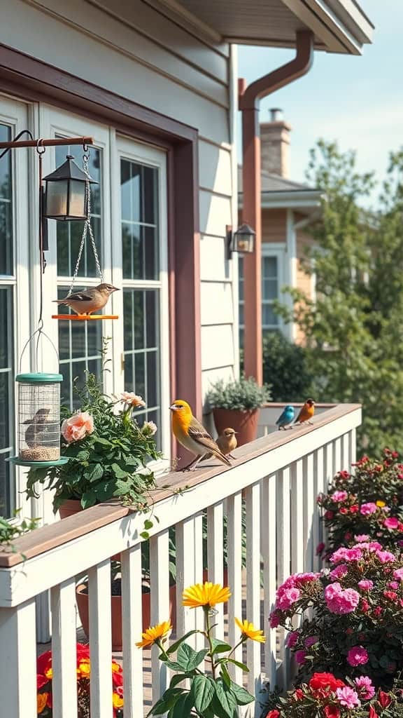 A balcony filled with colorful flowers and birds, showcasing a wildlife-friendly environment.