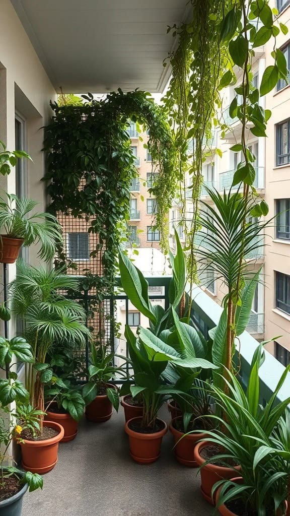 A balcony filled with various plants creating a natural screen for privacy.
