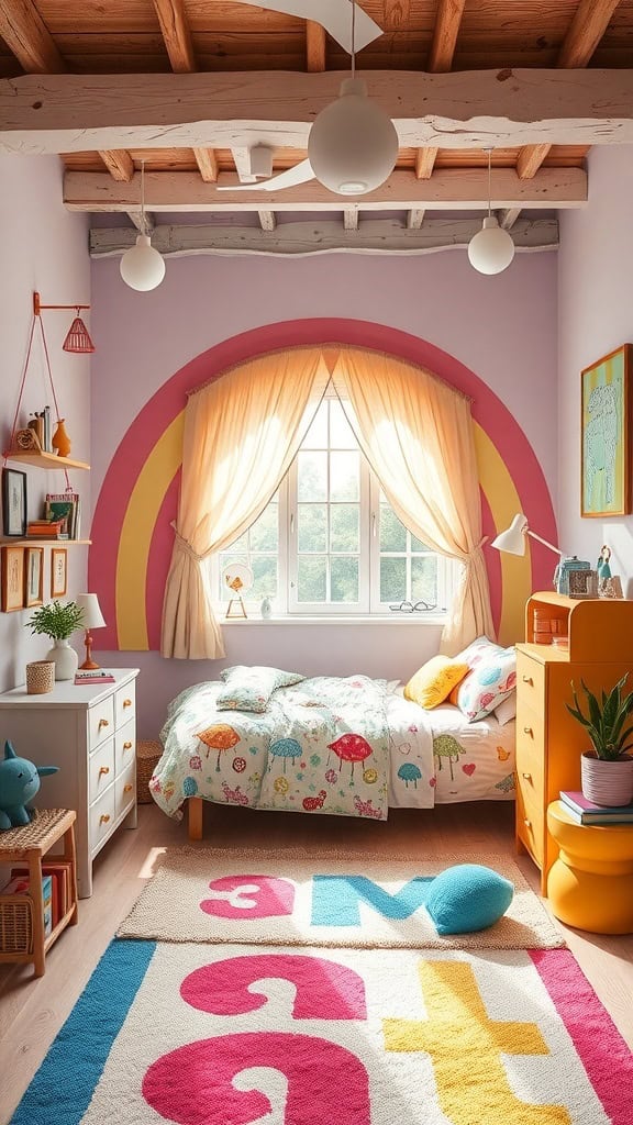 A colorful bedroom featuring a rainbow wall, playful bedding, and bright furniture.