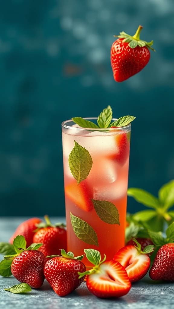 A refreshing Strawberry Basil Smash cocktail with fresh strawberries and basil leaves.