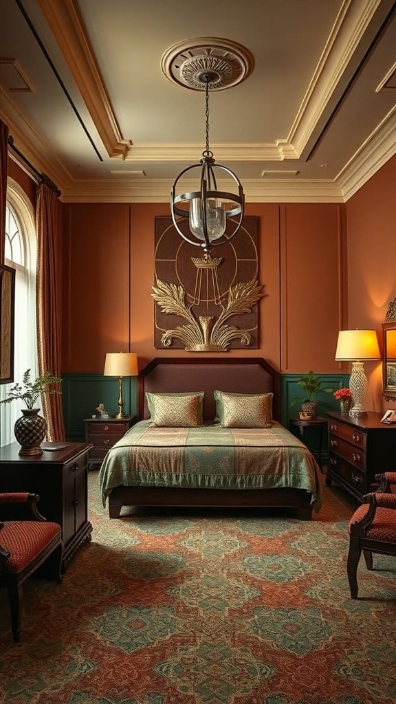Art Deco inspired bedroom with warm orange walls, green accents, and elegant decor.