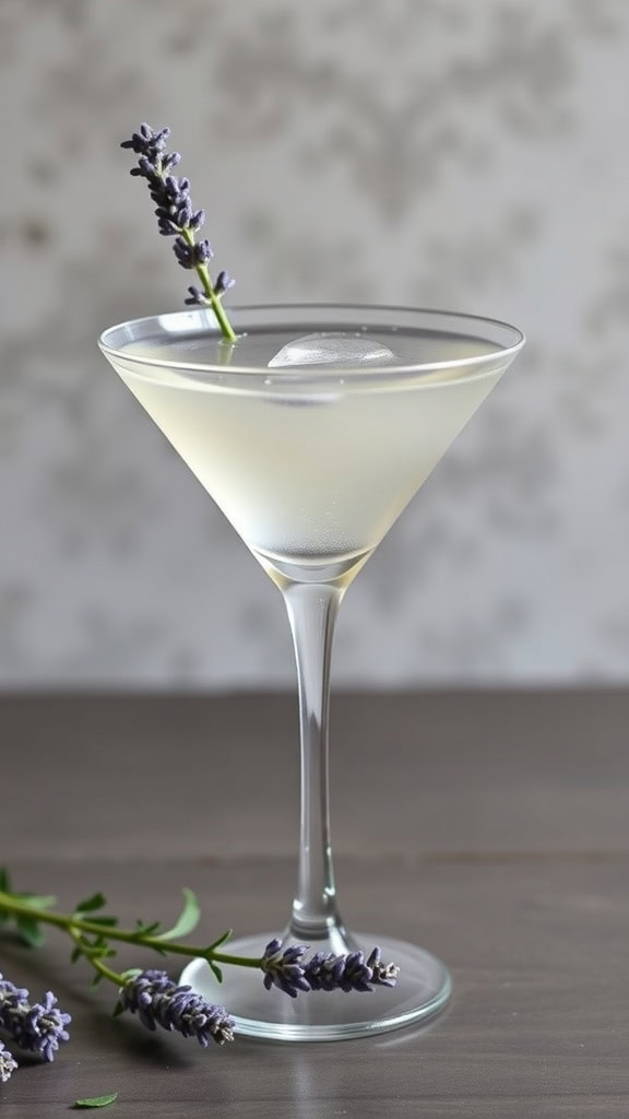 A Lavender Lemonade Martini in a clear martini glass with a sprig of lavender on the rim.