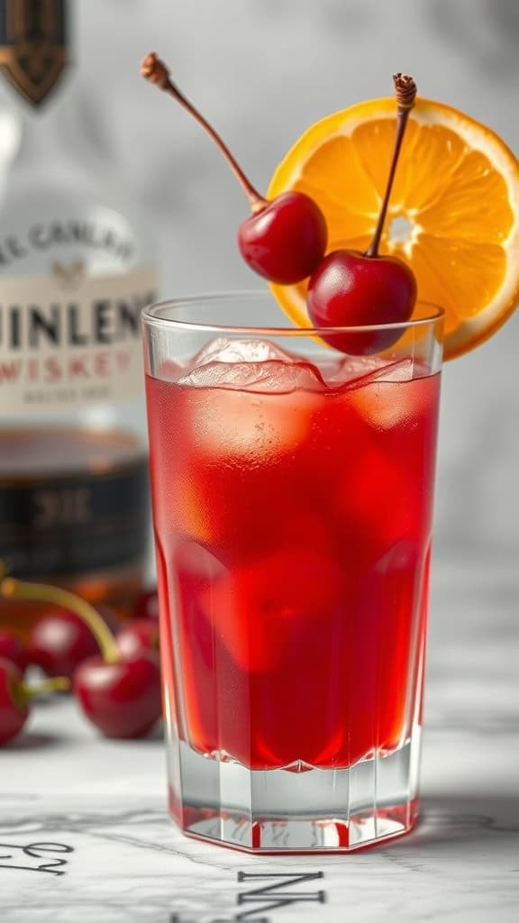 A Cherry Whiskey Sour cocktail garnished with cherries and an orange slice.