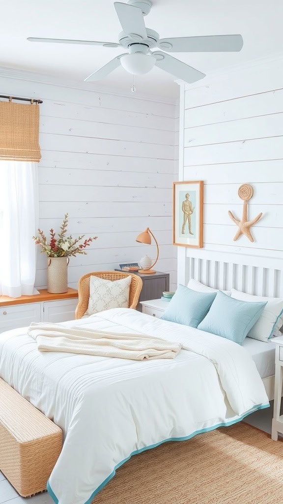 A serene coastal bedroom featuring white walls, light blue accents, and natural textures.