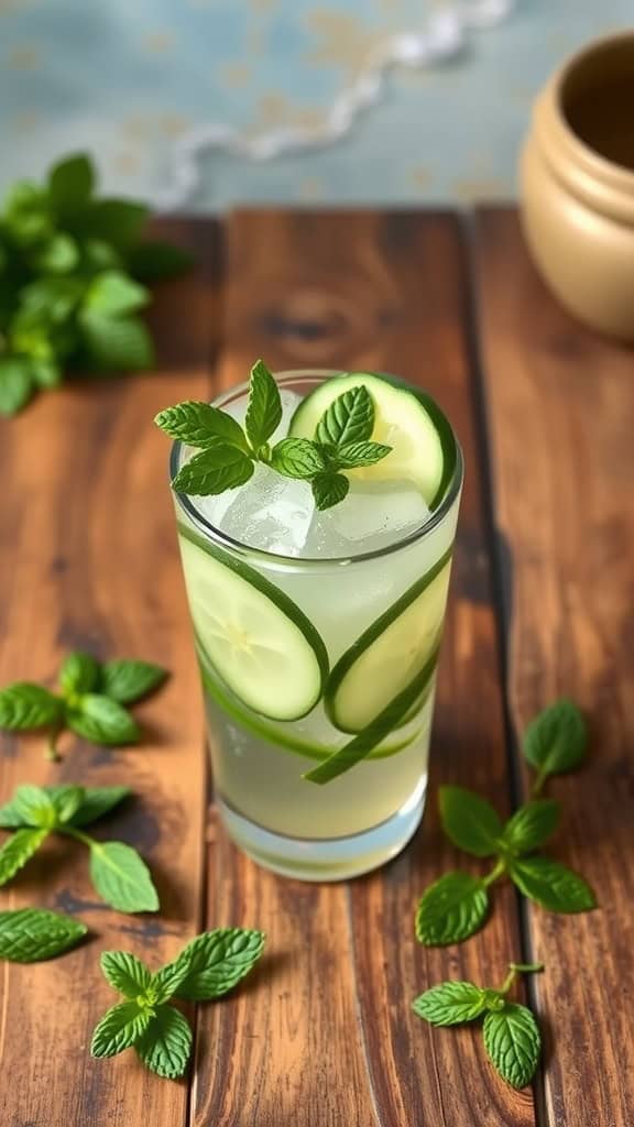 A refreshing Cucumber Mint Cooler cocktail with cucumber slices and mint leaves on a wooden table.