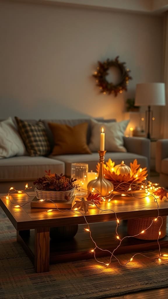 A cozy coffee table decorated with fairy lights, autumn leaves, pumpkins, and candles.
