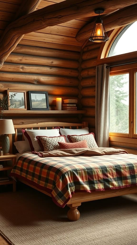 A cozy rustic cabin bedroom with wooden walls, a plaid blanket on the bed, and natural light coming through a large window.