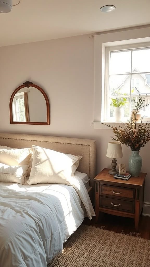 A cozy bedroom with a mirror above the bed, soft pillows, and warm lighting.