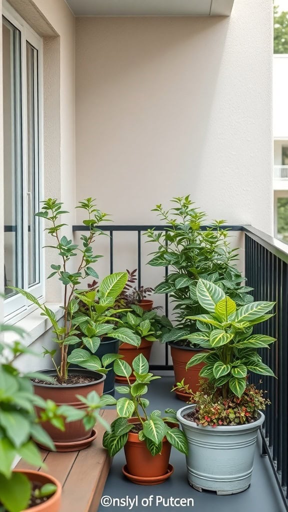 A balcony filled with various potted plants, showcasing a mix of greenery and textures.