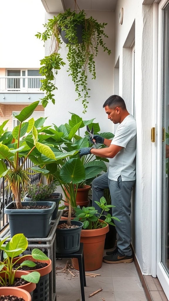 A person tending to a balcony garden filled with various plants, trimming leaves and ensuring their health.