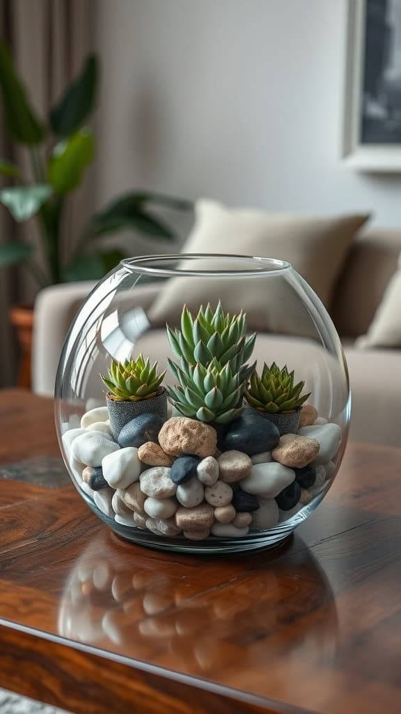 A glass terrarium with succulents and pebbles on a wooden coffee table.
