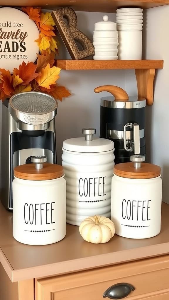 Decorative coffee canisters with wooden lids on a kitchen shelf, alongside a small white pumpkin and autumn leaves.