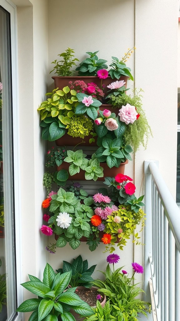 A vertical garden on an apartment balcony with various colorful plants and flowers.