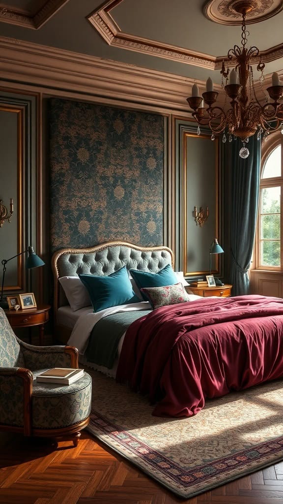 A luxurious bedroom featuring jewel tones with burgundy bedding, teal pillows, and ornate decor.