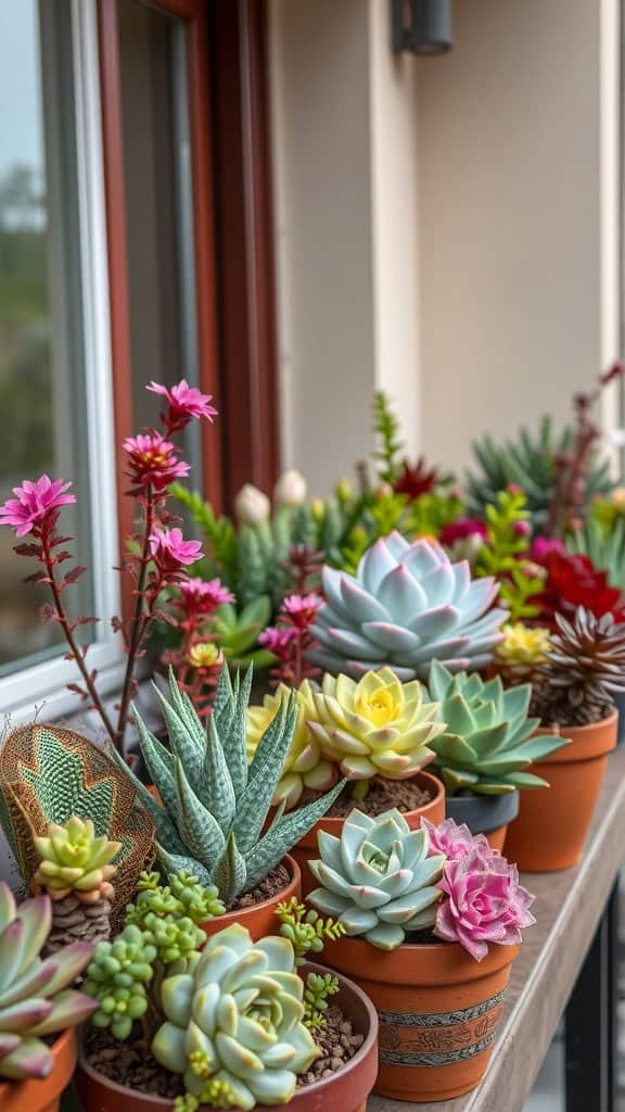 A balcony filled with various potted succulents in different colors and shapes.