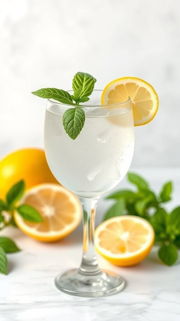 A refreshing Lemon Basil Gin Fizz cocktail garnished with a lemon slice and basil leaves.