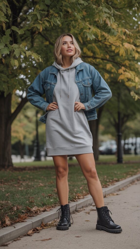 Relaxed weekend look with a grey hoodie dress, cropped denim jacket, and black lug sole boots—posing in a leafy park with cozy urban vibes.