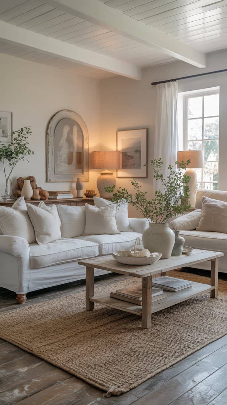 Serene farmhouse living room with a neutral color palette of whites, creams, and soft grays
