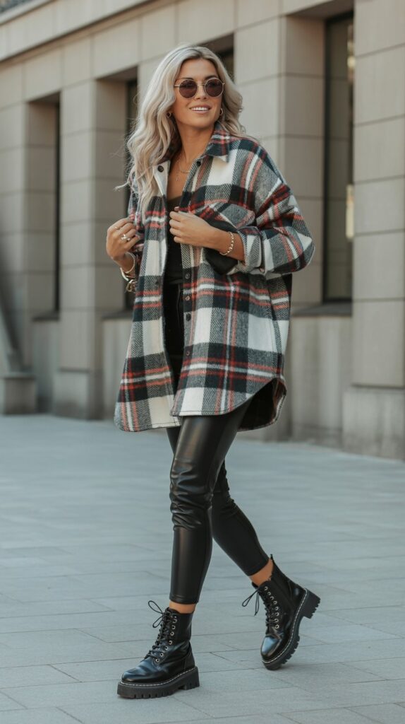 Trendy fall outfit with an oversized plaid shacket over black faux-leather leggings and chunky combat boots, perfect for weekend strolls and crisp fall air.