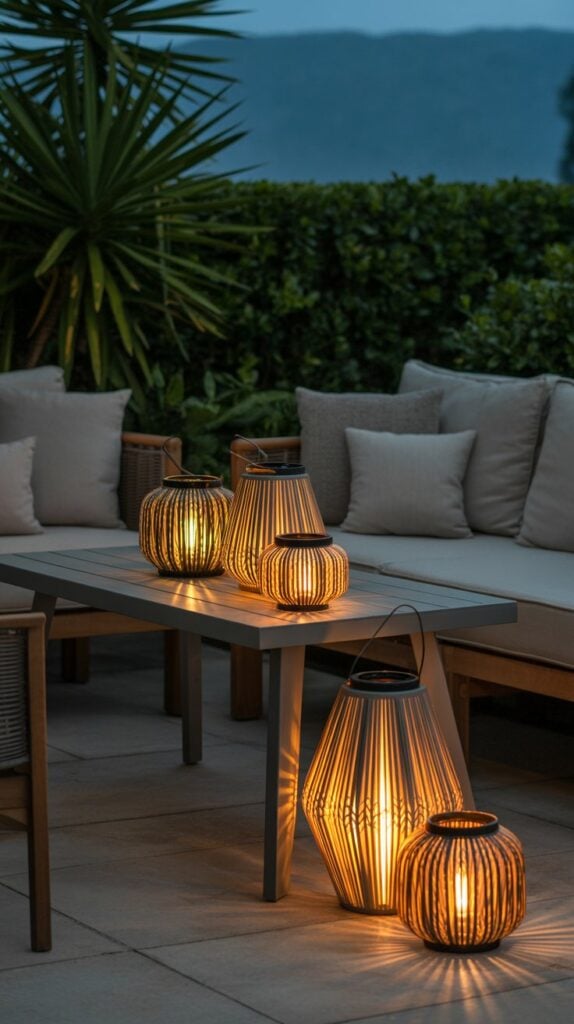 Various lanterns arranged on a patio table and floor creating cozy lighting Various lanterns arranged on a patio table and floor creating cozy lighting