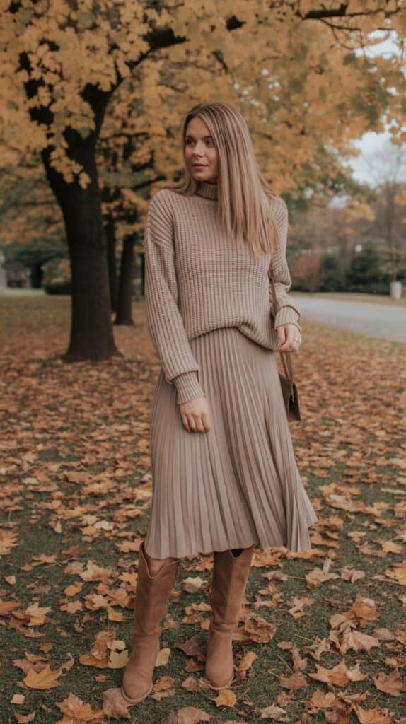Woman wearing a chunky knit sweater tucked into a flowy midi skirt, paired with tan knee-high suede boots, standing on autumn leaves with golden trees in the background.
